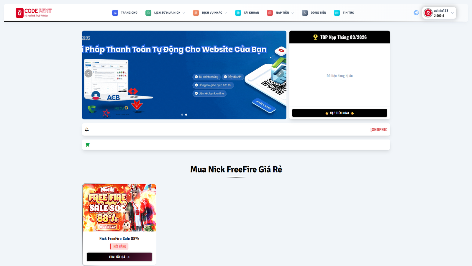 [SHOPNICK3 - CMSNT] Thiết kế website bán nick game mới nhất
