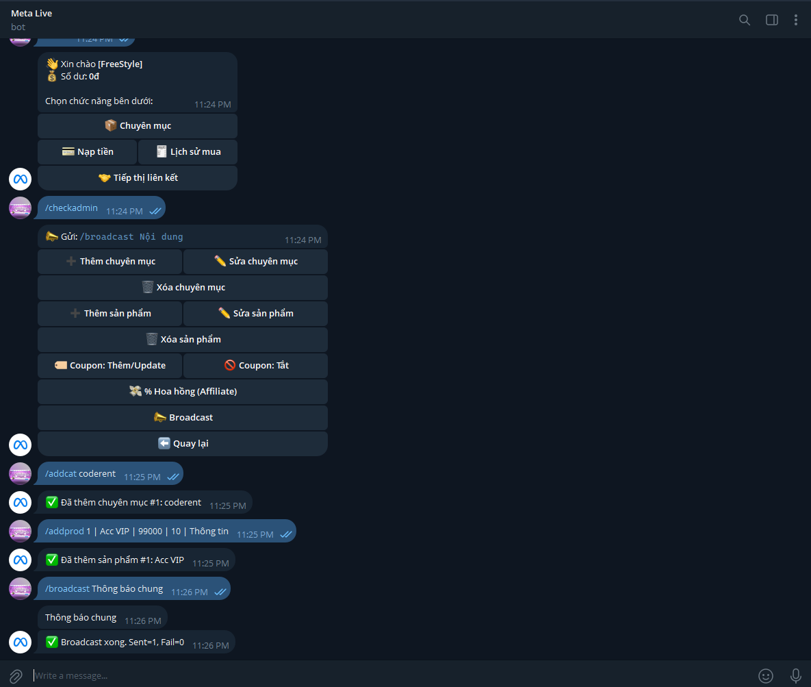 [ SHARE ] Telegram Shop Bot - Giải Pháp Bán Hàng Tự Động Hóa 24/7 (VietQR + Coderent API)